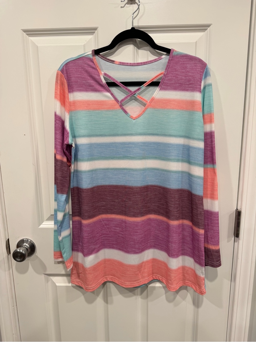 Pastel Multi-Stripe Crisscross V-Neck Long Sleeve Tee